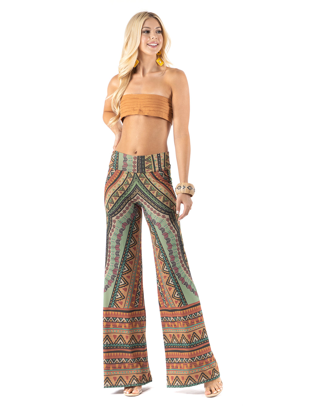 Beautiful woman wearing this amazing Multi color Bohemian Style High waist palazzo pants featuring pockets, wide legs, and a comfortable stretchy fabric perfect for Evening wear, Beach Day, Vacation, Dance, Poolside Parties,Casual day