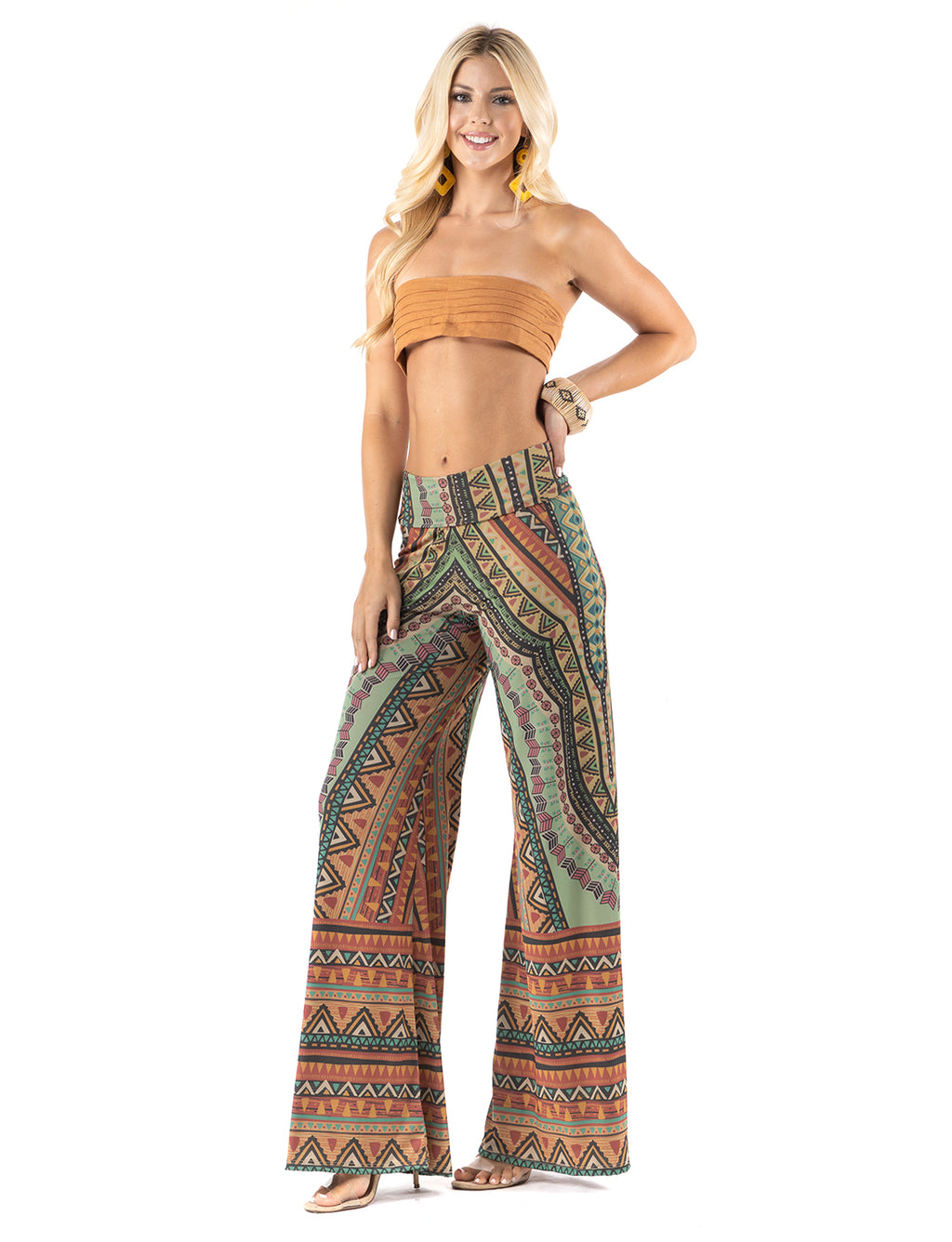 Beautiful woman wearing this amazing Multi color Bohemian Style High waist palazzo pants featuring pockets, wide legs, and a comfortable stretchy fabric 