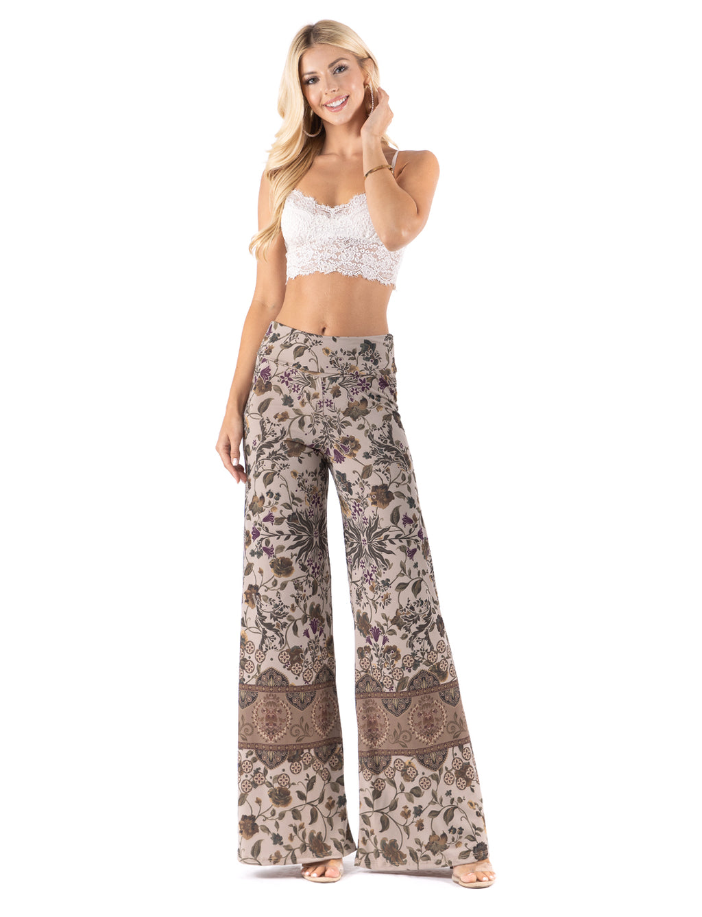 Beautiful woman wearing this amazing Tan Vintage Floral High waist palazzo pants featuring pockets, wide legs, and a comfortable stretchy fabric Perfect for any activity,relaxing day,beautiful and unique,comfortable and flattering