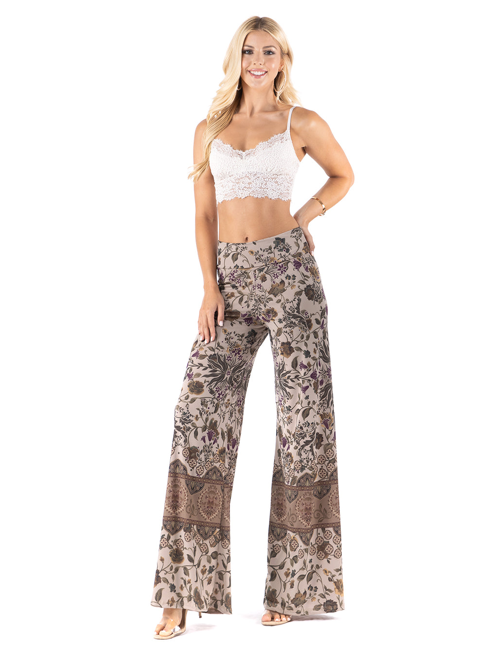 Tan Vintage Floral High waist palazzo pants featuring pockets, wide legs, and a comfortable stretchy fabric Perfect during spring, summer,Concerts, Festivals, Dance, Brunch