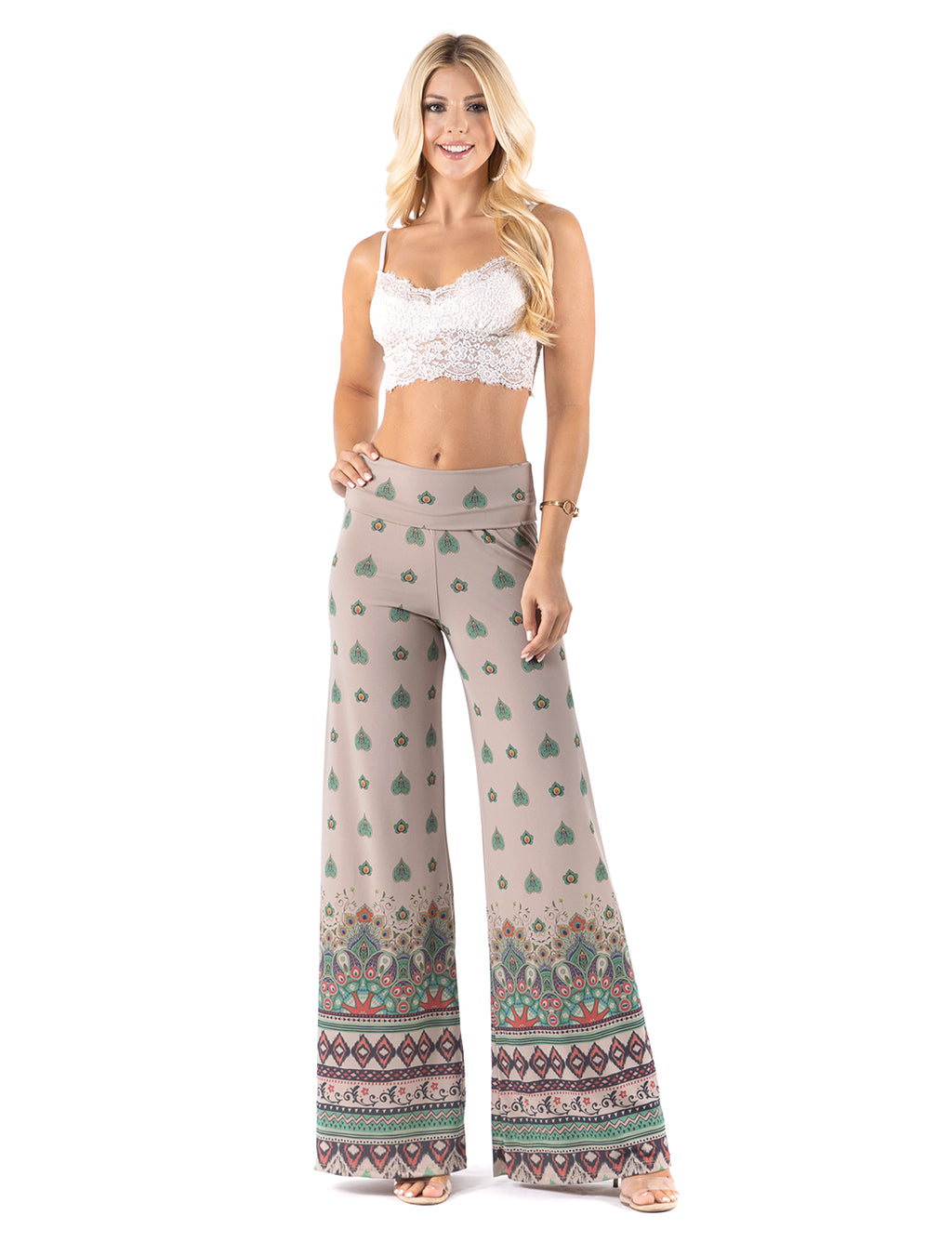 Beautiful woman wearing this amazing Tan & Green Floral High waist palazzo pants featuring pockets, wide legs, and a comfortable stretchy fabric Perfect for any activity,relaxing day,beautiful and unique,comfortable and flattering