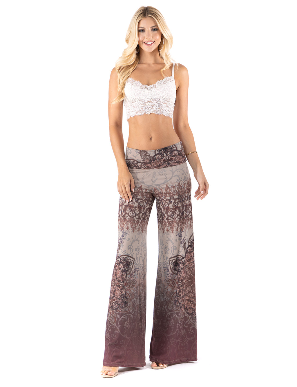 Beautiful woman wearing this amazing Brown Cream Floral High waist palazzo pants featuring pockets, wide legs, and a comfortable stretchy fabric