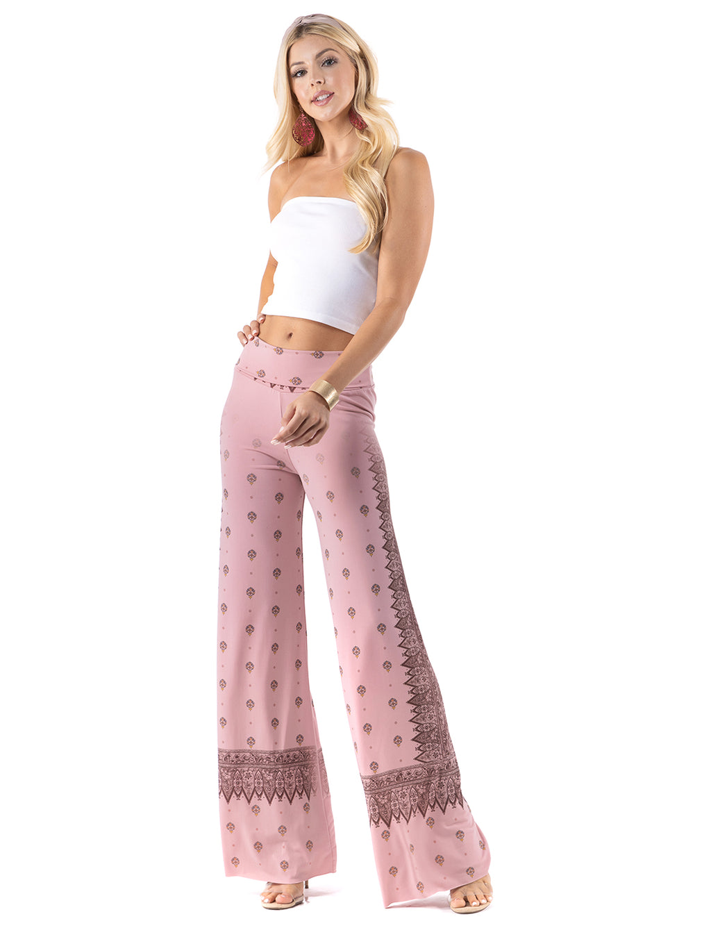 Beautiful woman wearing this amazing Pink Vintage Paisley High waist palazzo pants featuring pockets, wide legs, and a comfortable stretchy fabric Perfect during spring, summer,Concerts, Festivals, Dance, Brunch
