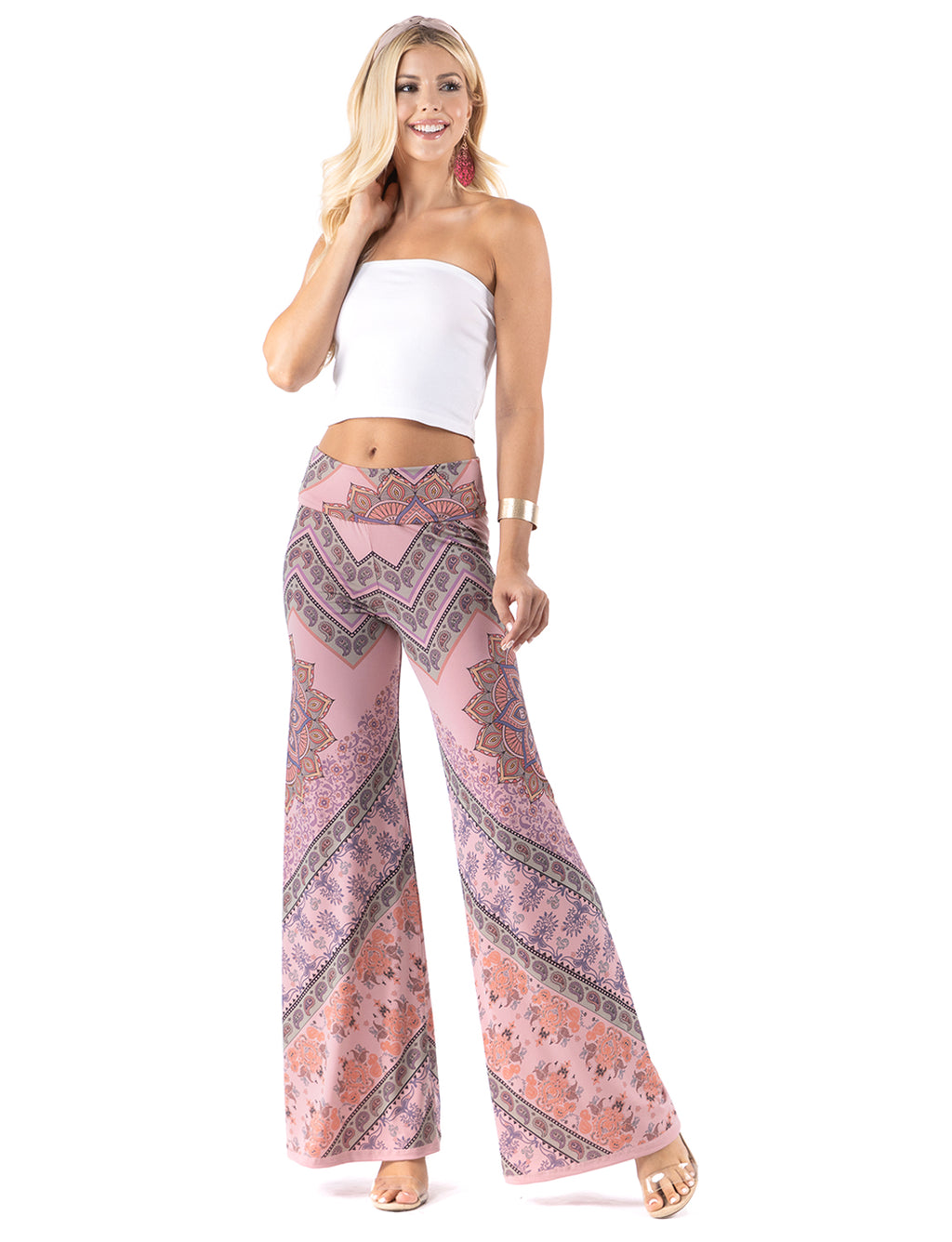 Beautiful woman wearing this amazing Pink Mandela Paisley High waist palazzo pants featuring pockets, wide legs, and a comfortable stretchy fabric Perfect for any activity,relaxing day,beautiful and unique,comfortable and flattering