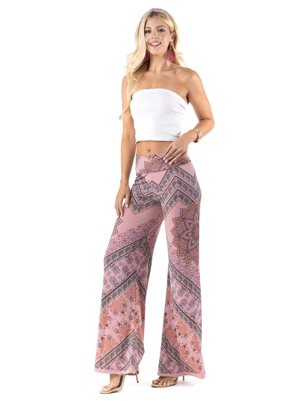 Pink Mandela Paisley High waist palazzo pants featuring pockets, wide legs, and a comfortable stretchy fabric Perfect during spring, summer,Concerts, Festivals, Dance, Brunch