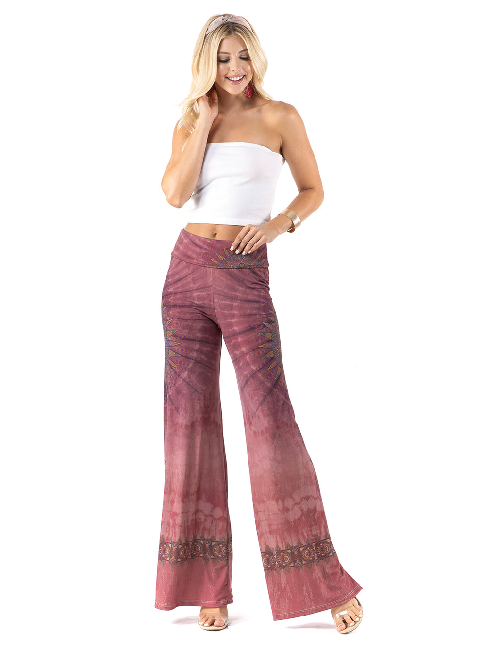 Beautiful woman wearing this amazing Deep lavender with Circular emblem High waist palazzo pants featuring pockets, wide legs, and a comfortable stretchy fabric ,Perfect during spring, summer,Concerts, Festivals, Dance, Brunch