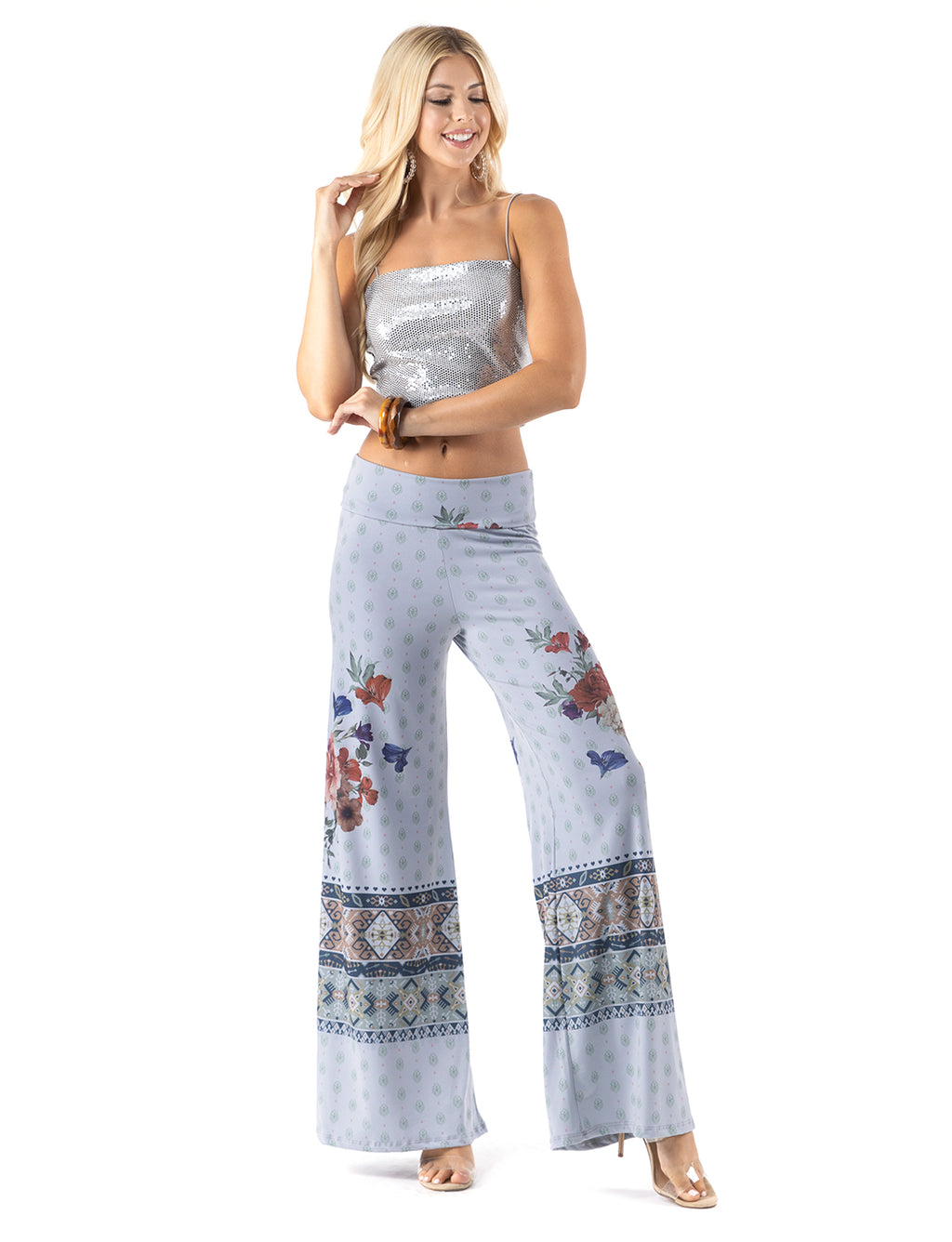 Beautiful woman wearing this amazing Blue Red Floral High waist palazzo pants featuring pockets, wide legs, and a comfortable stretchy fabric Perfect for any activity,relaxing day,beautiful and unique,comfortable and flattering