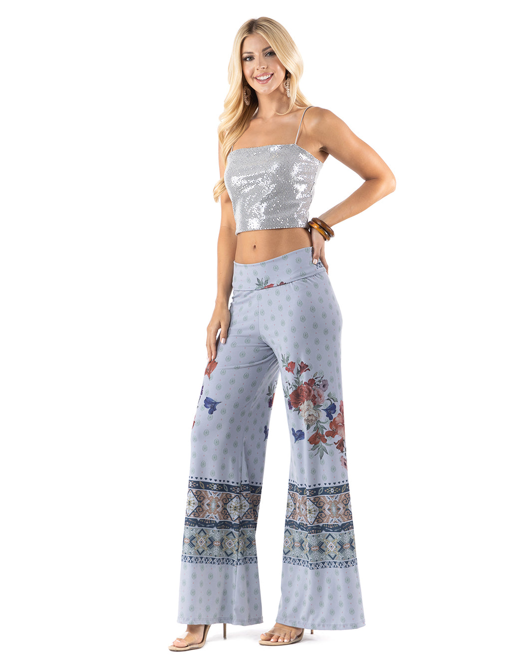 Blue Red Floral High waist palazzo pants featuring pockets, wide legs, and a comfortable stretchy fabric Perfect during spring, summer,Concerts, Festivals, Dance, Brunch
