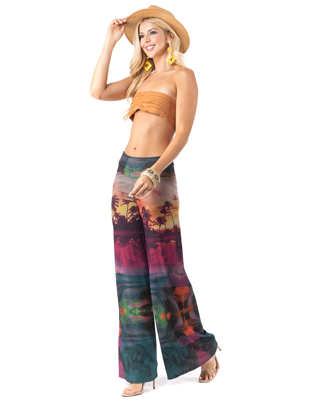 MultiColor Sunset vibe High waist palazzo pants featuring wide legs, and a comfortable stretchy fabric Perfect during spring, summer,Concerts, Festivals, Dance, Brunch