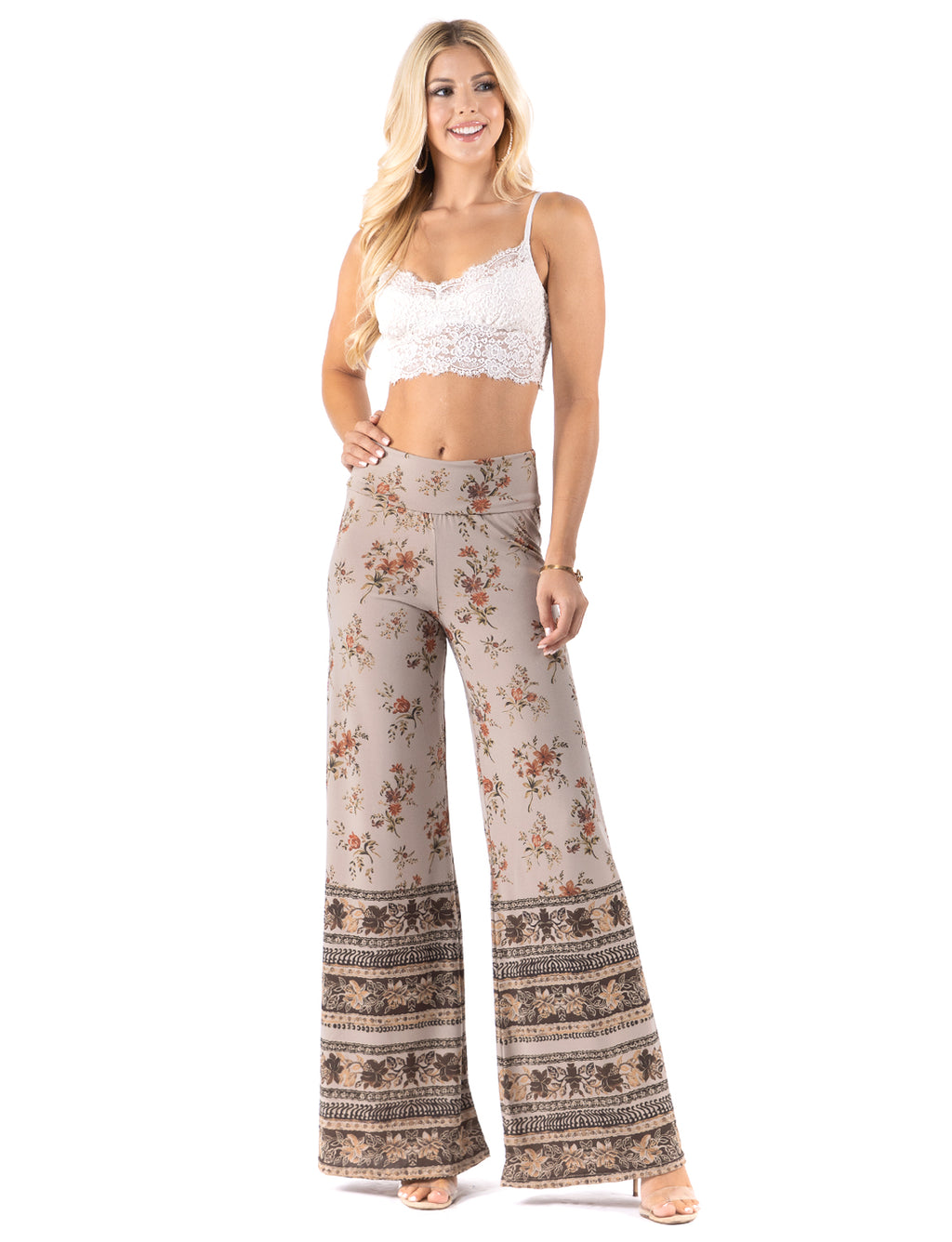 Light Tan Floral High waist palazzo pants featuring wide legs, and a comfortable stretchy fabric Perfect for any activity,relaxing day,beautiful and unique