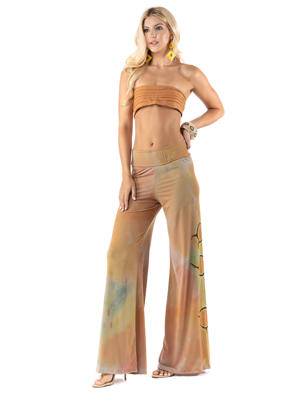 Beautiful woman wearing this amazing Yellow Watercolor Sun High waist palazzo pants featuring wide legs, and a comfortable stretchy fabric Perfect for any activity,relaxing day,beautiful and unique,comfortable and flattering