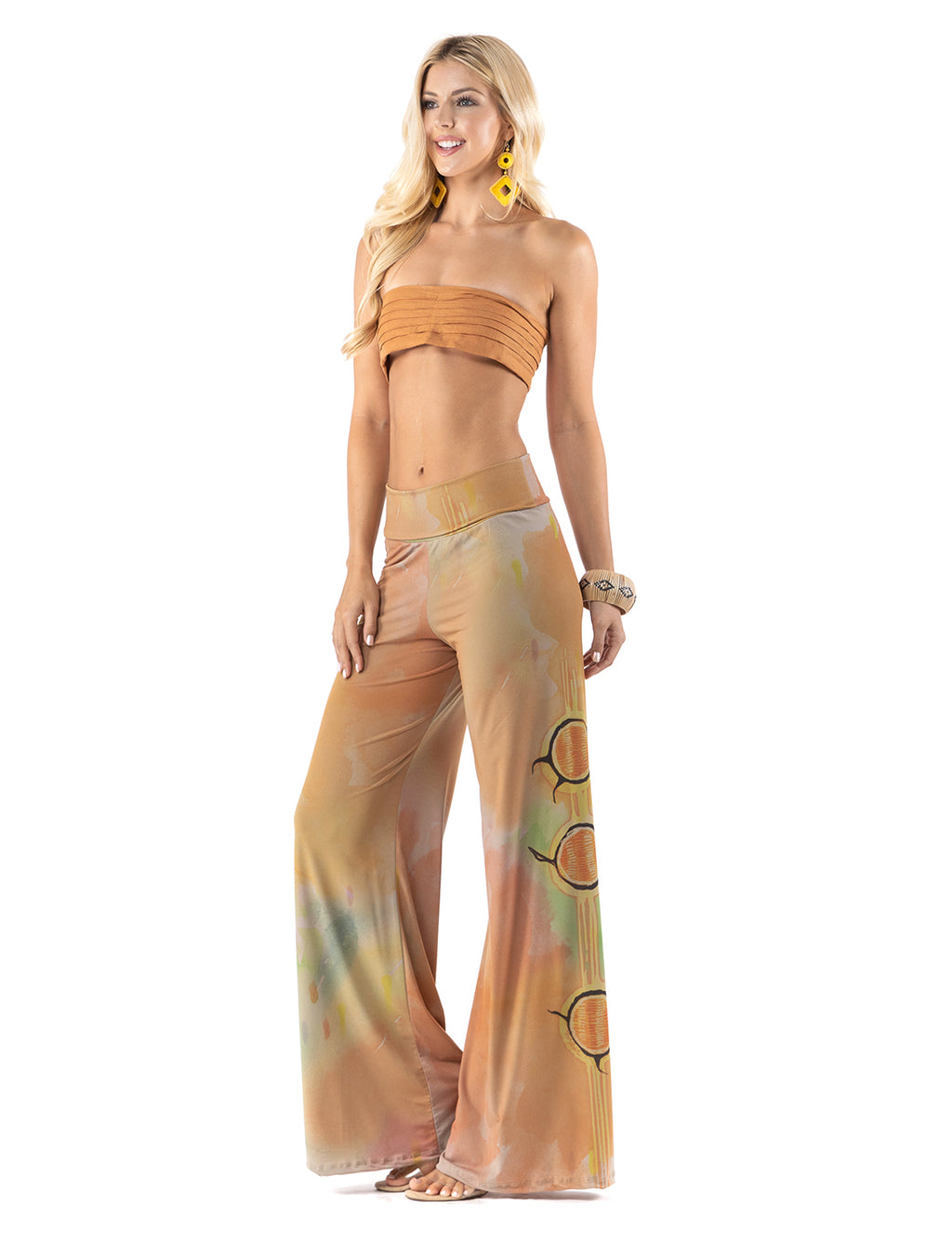 Yellow Watercolor Sun High waist palazzo pants featuring wide legs, and a comfortable stretchy fabric Perfect during spring, summer,Concerts, Festivals, Dance, Brunch