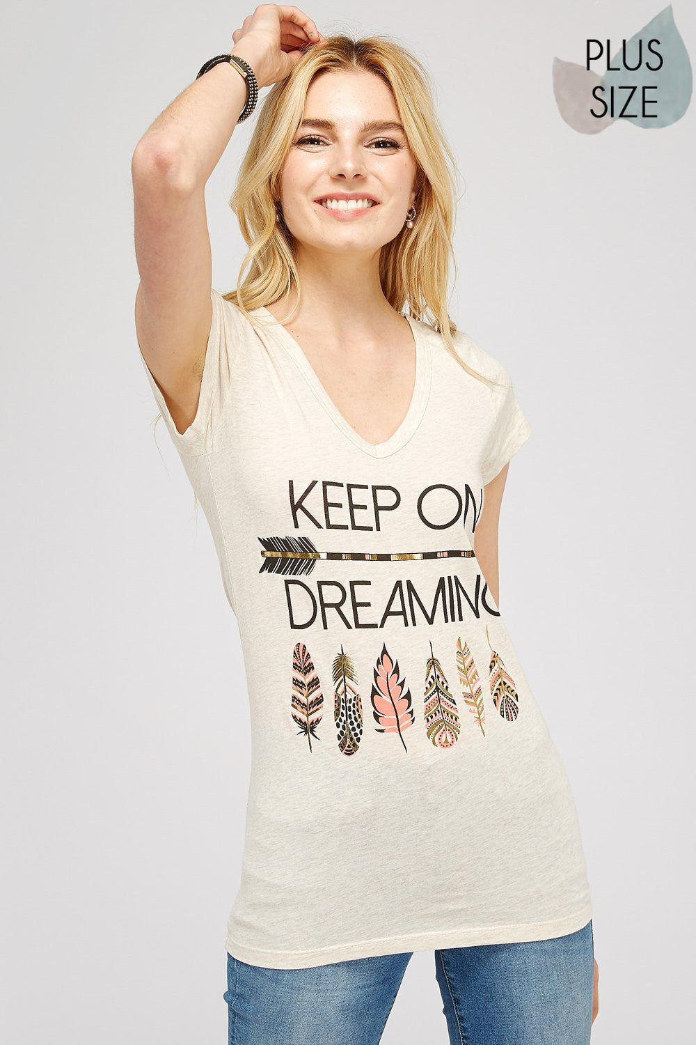 Beige V.neck tee "Keep On Dreaming" Perfect for Spring & Summer, Evening wear, Festival, Beach Day, Vacation, Dance, Poolside Parties