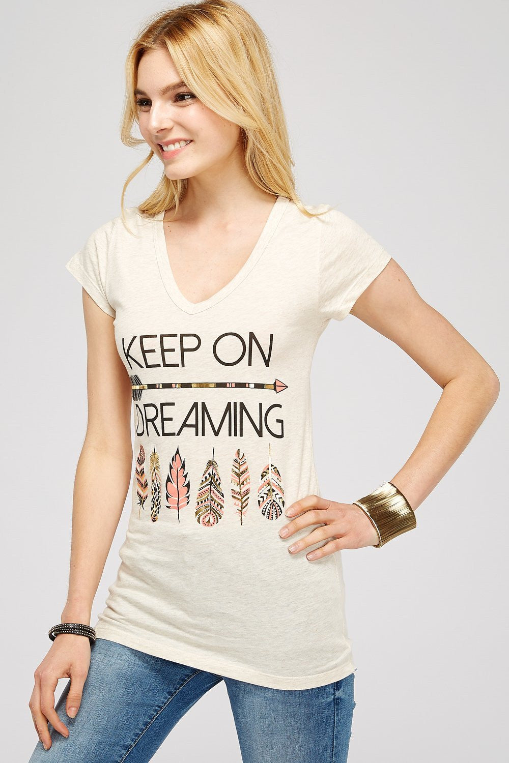 Beautiful woman wearing an Beige V.neck tee "Keep On Dreaming" Perfect skirt for an effortless boho style, pair with boots for fall or your favorite sandals for summer. Festivals, Beach Day, Vacation