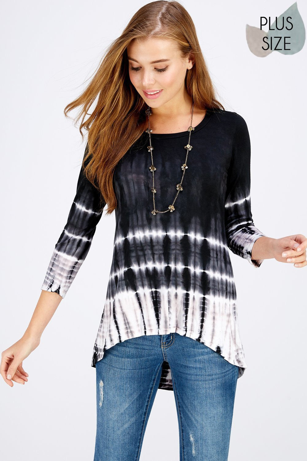 Gorgeous woman wearing a Black and White Bamboo tie dye 3/4 Sleeve Hi/low top Perfect for Spring & Summer, Evening wear, Festival, Beach Day, Vacation, Dance, Poolside Parties