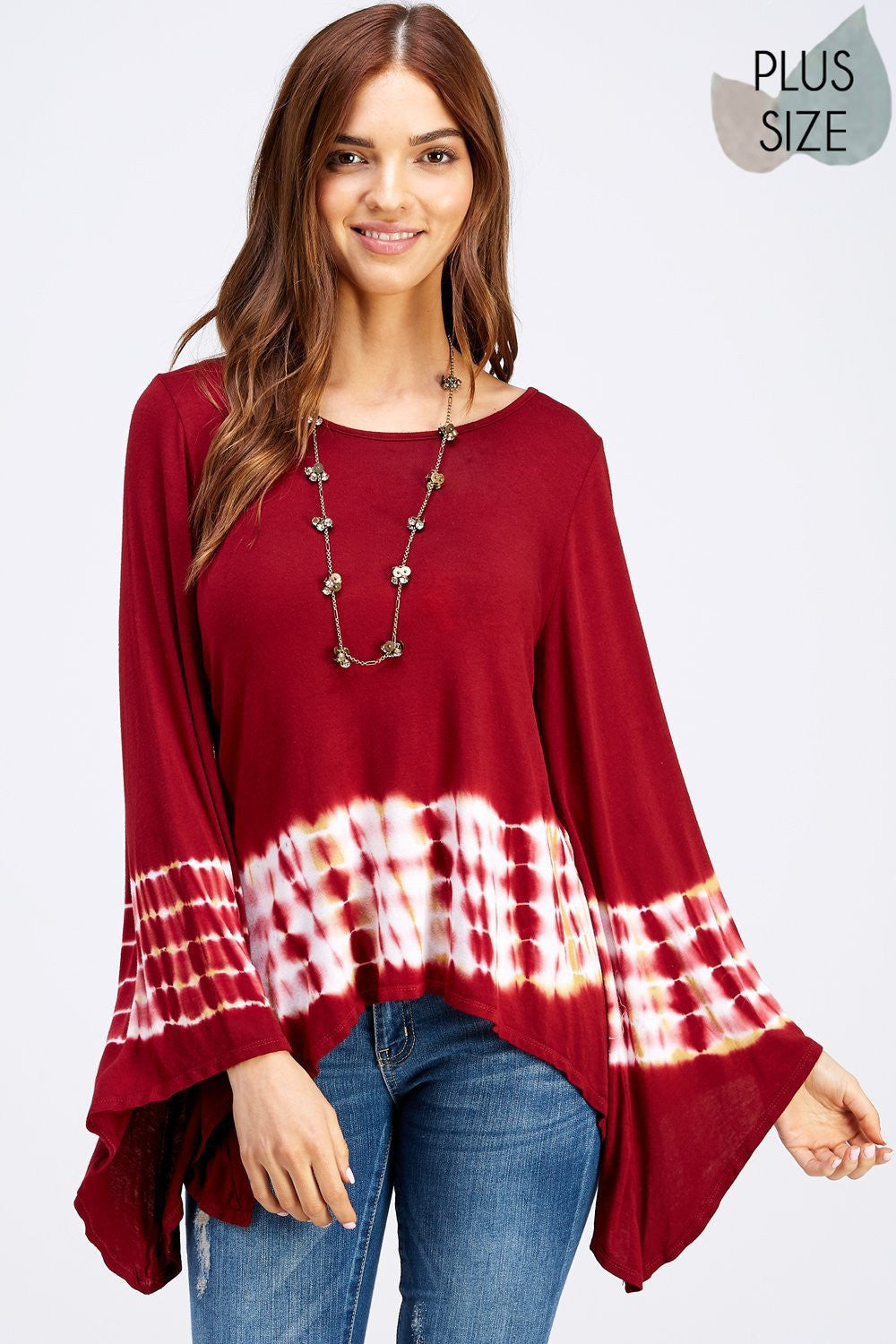 beautiful woman wearing a Crimson & White Bamboo tie dye Blouse with Kimono Bell Sleeves Urban x clothing-urban x apparel-boutique online-fashion district wholesale-tie dye tops-tie dye-women apparel-women clothes-tops-summer trends-summer vibe