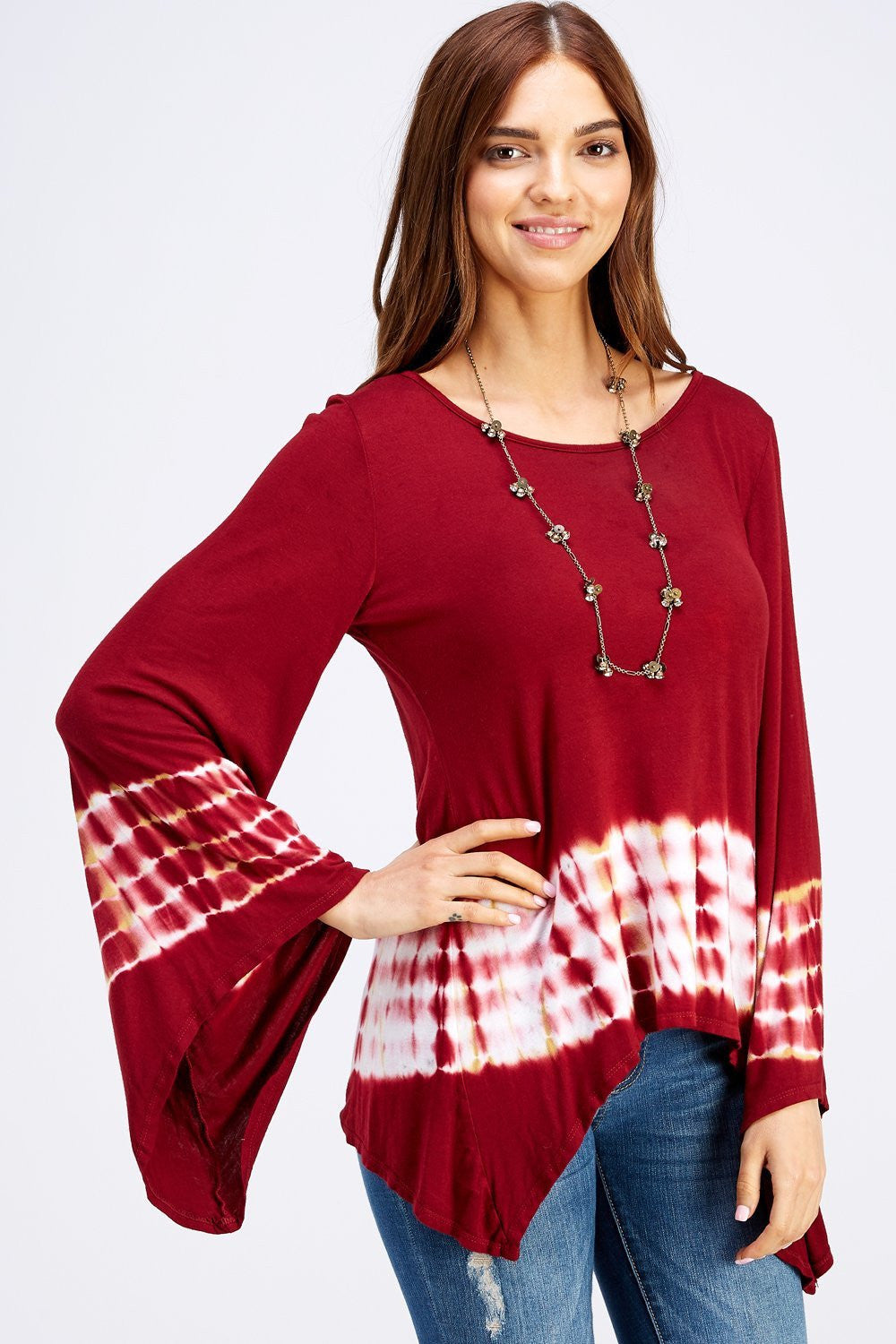 Amazing Crimson & White Bamboo tie dye Blouse with Kimono Bell Sleeves Perfect for any activity,relaxing day,beautiful and unique,comfortable and flattering